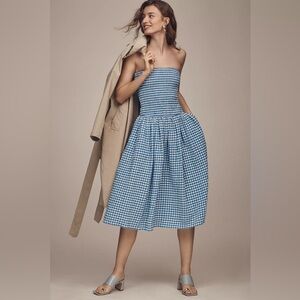 NWT Anthropologie Maeve Strapless Smocked Blue Plaid Gingham Midi Dress Medium 🐢